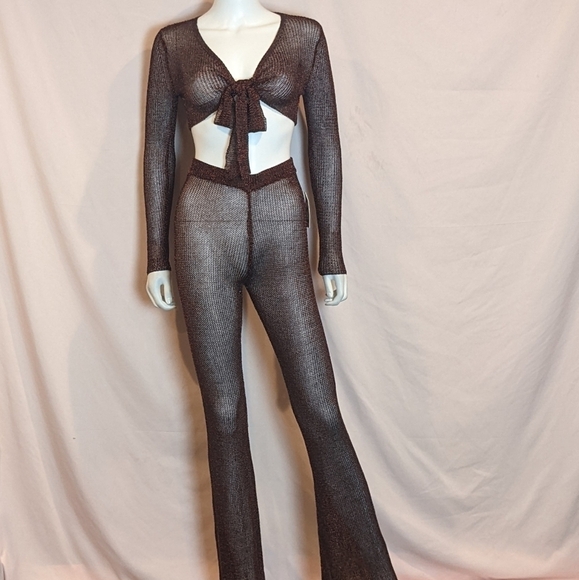 Sorelle UK Red Metallic Matching Crop Top and Flare Pants Knit Chainmail Set XS - Picture 1 of 9
